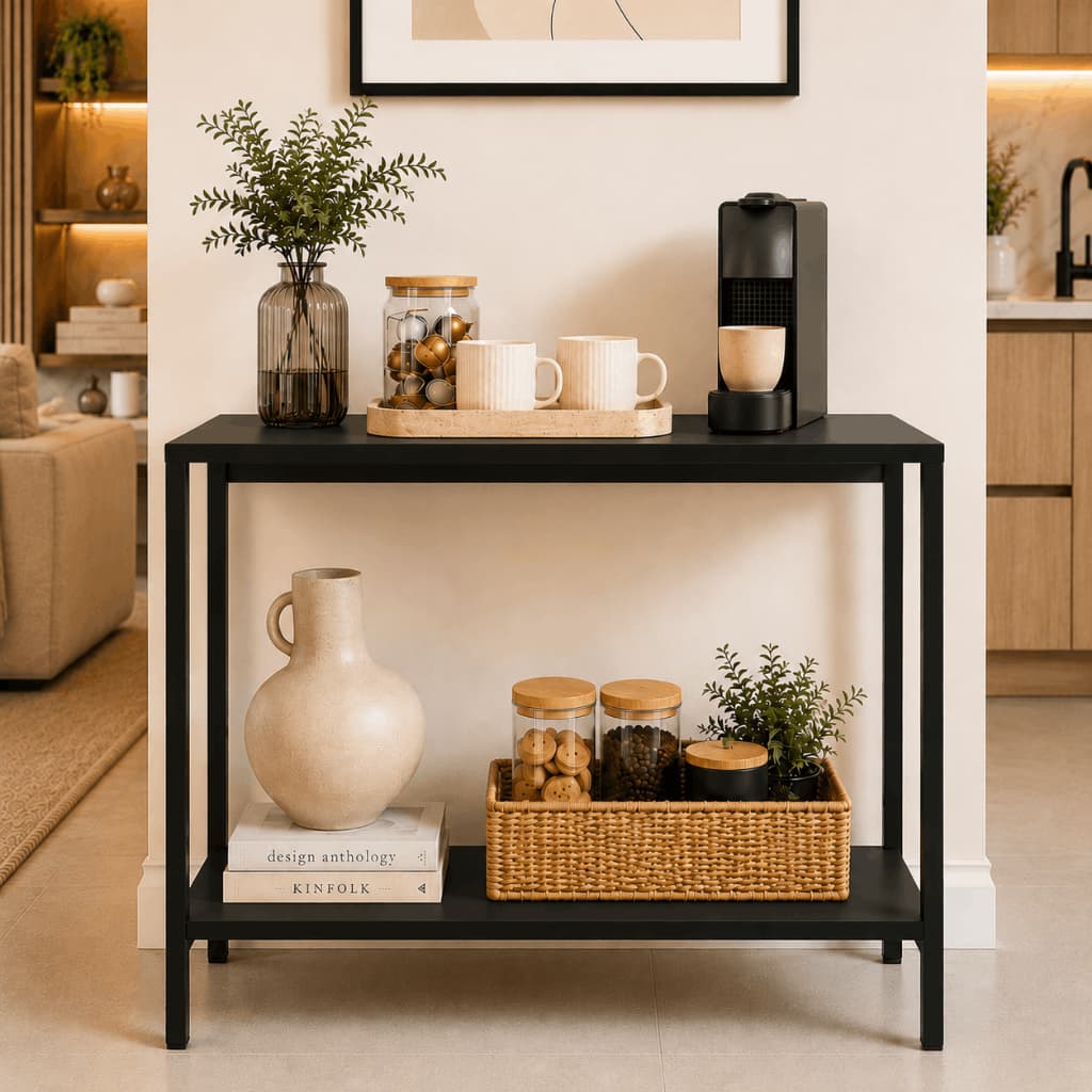 Mesa Aparador Duas Prateleiras Buffet Decoração Estilo Industrial Sala Estar Retrô Apoio Cantinho do Café Pés de Aço