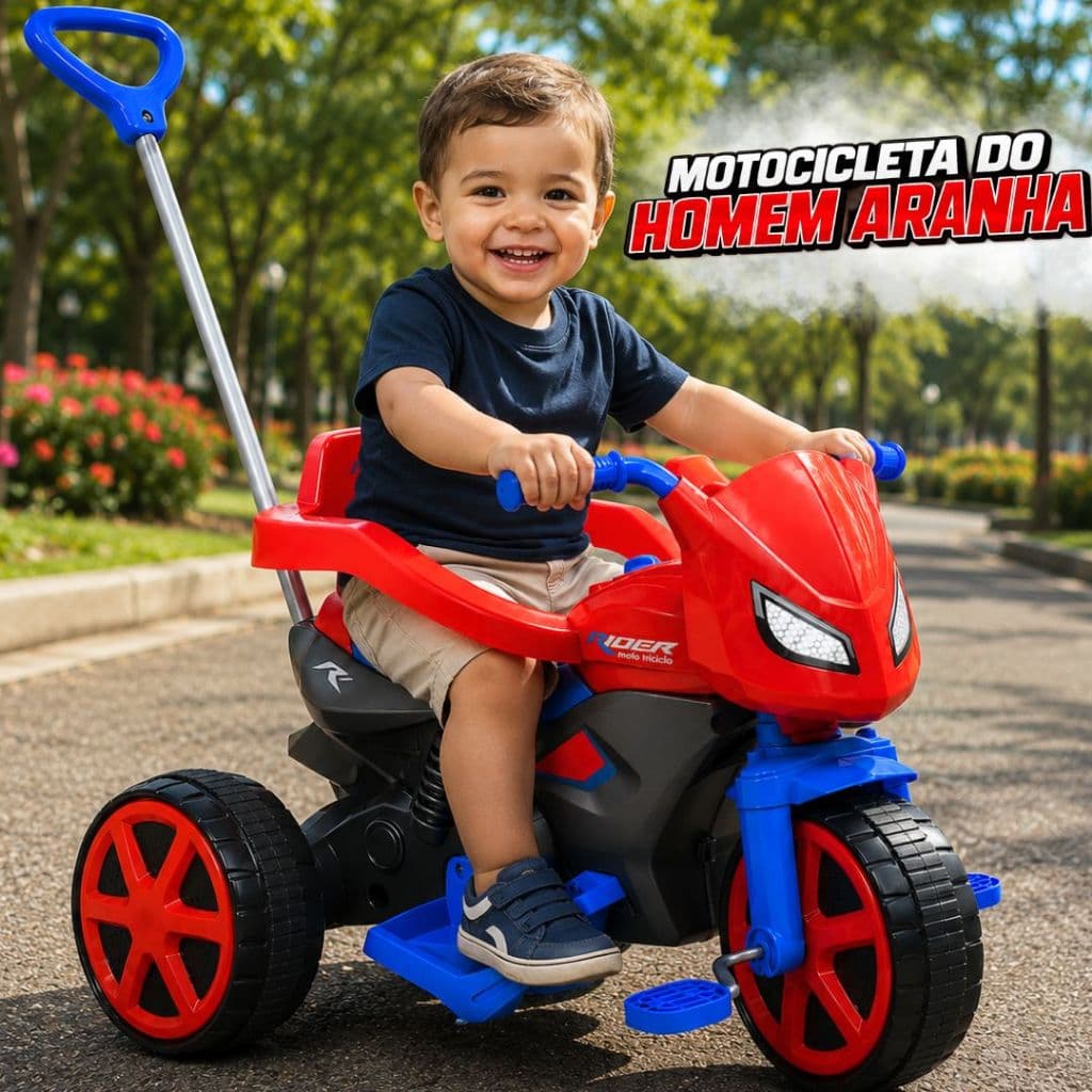 Moto Infantil Motocicleta Motoca Homem-Aranha Carrinho De Passeio Com Empurrador Pedal Triciclo Motoquinha Spider Menino