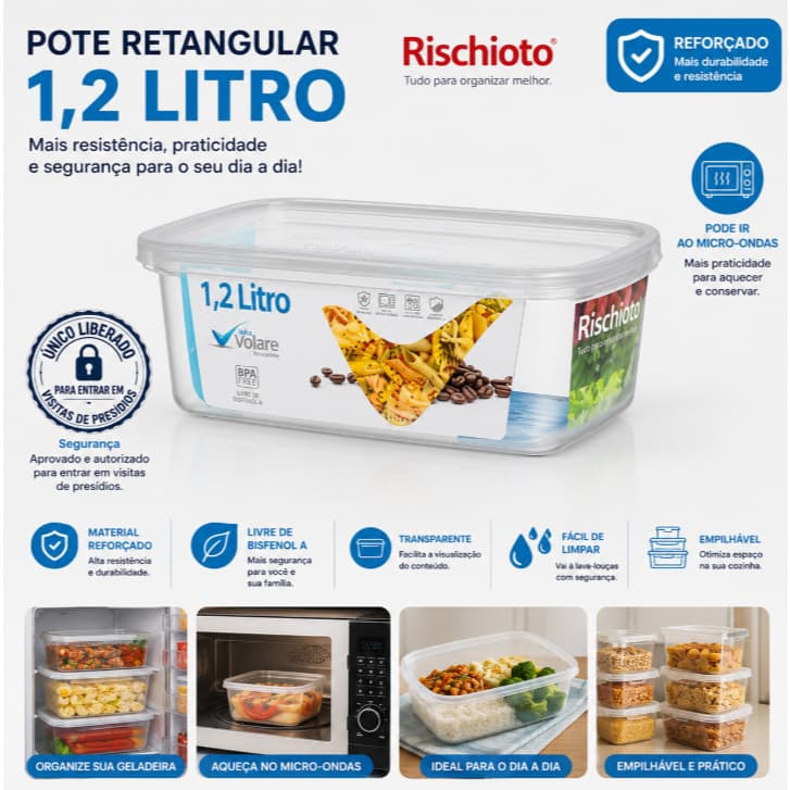 Pote Volare 1,2L Resistente Transparente Ideal para Transporte de Alimentos- Richiotto