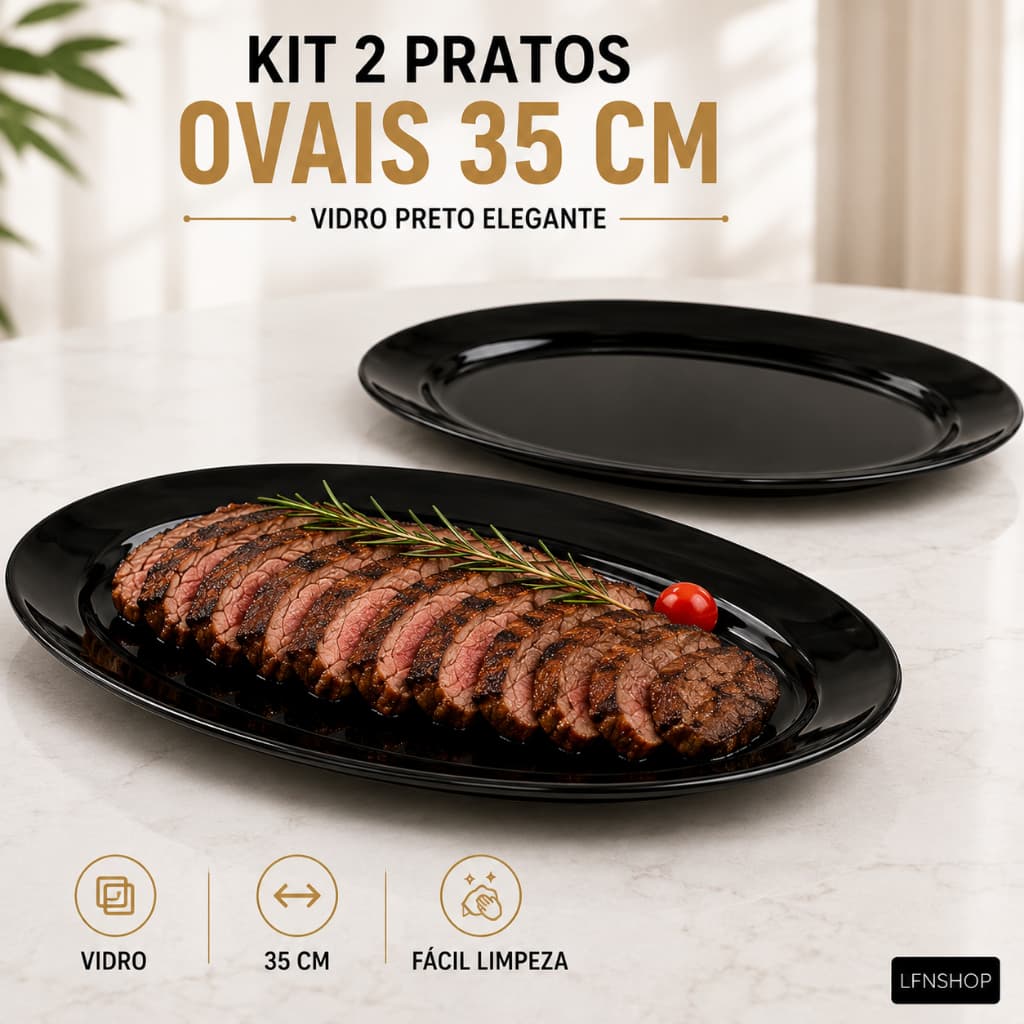 Conjunto 2 Pratos Oval de Vidro Preto 35cm Ovais Travessa Servir Mesa Posta Churrasco Elegante