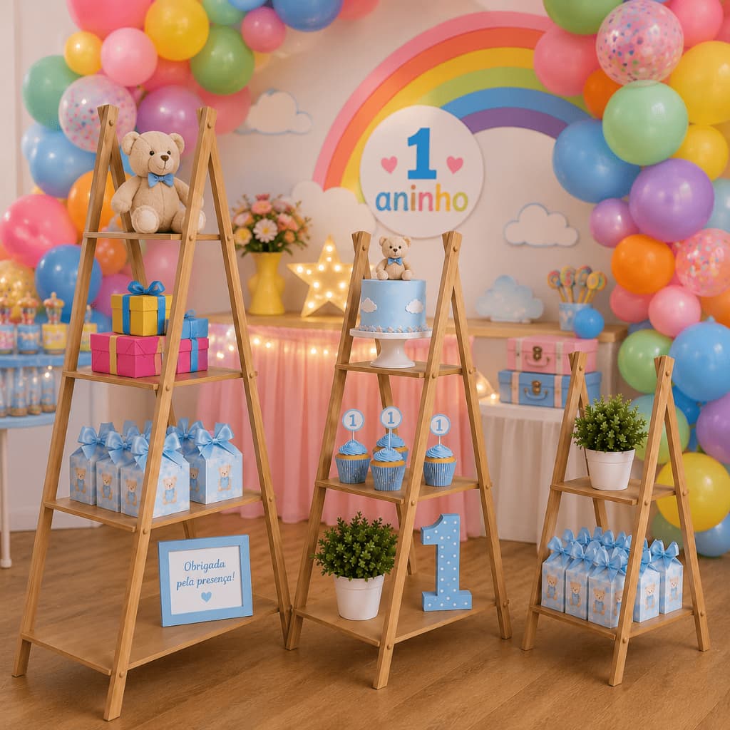 Kit 3 Escadinhas de Chão em MDF para Festa Suporte para Doces e Lembrancinhas