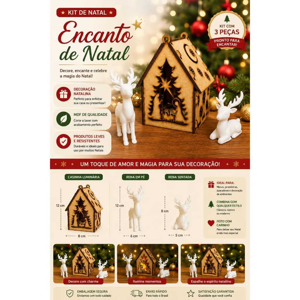 Kit Trio casinha e renas enfeite de natal