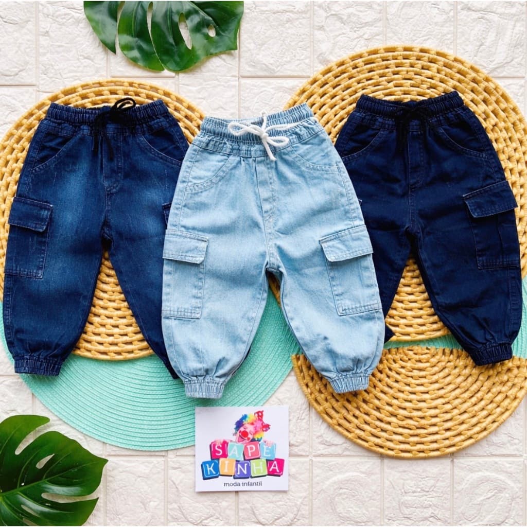 Calça Jeans Jogger Cargo Lisa Bebê e Infantil BB, 1, 2, 4, 6 Com Elástico Perna e Cintura com Cordão