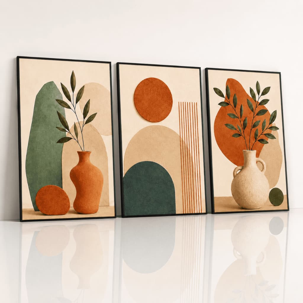 Kit 3 Quadros Decorativos Abstratos Boho Terracota Verde Vasos Folhagens Geométricos Para Sala Quarto Escritório Parede