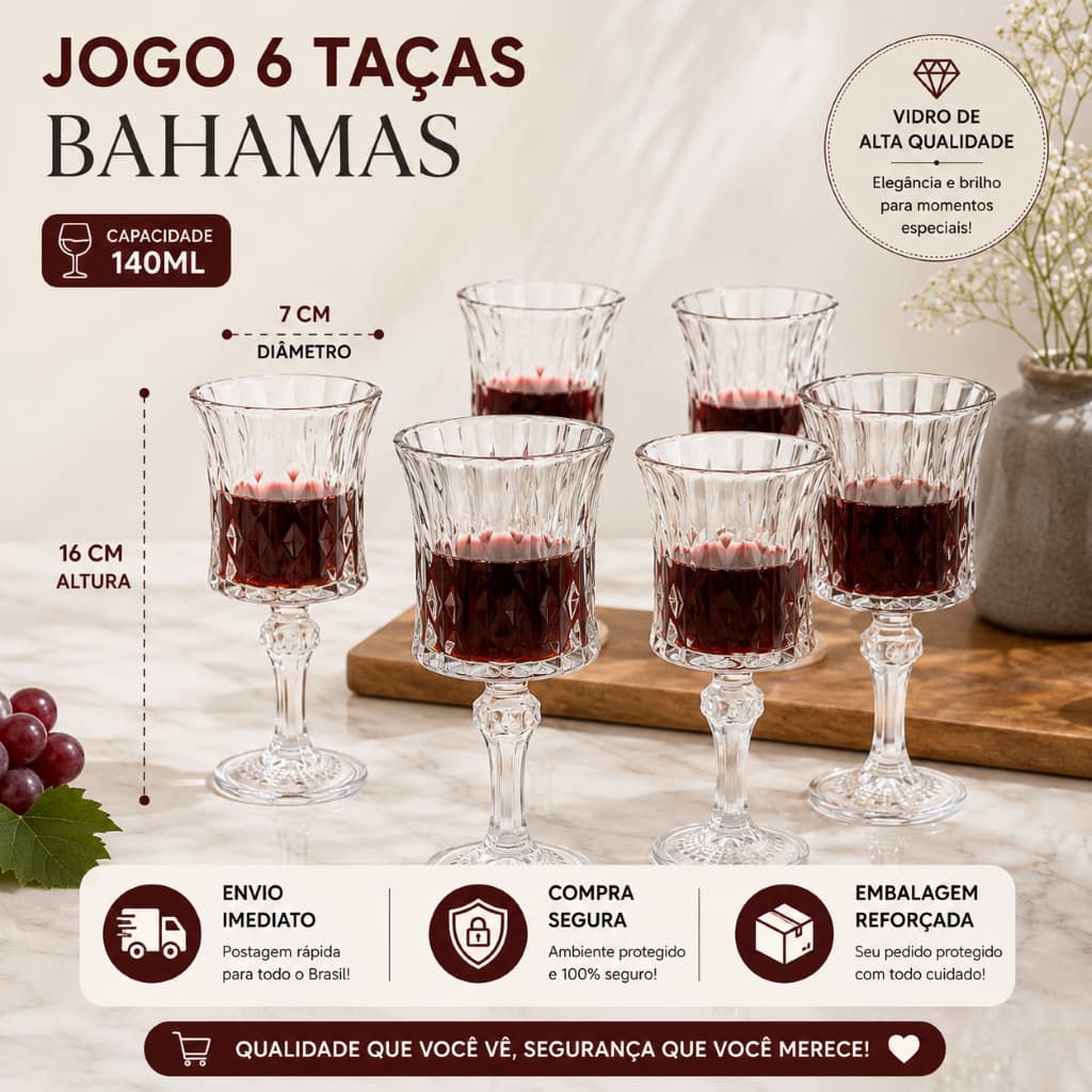 Jogo com 6 Taças Bahamas, Elegante 140ml, Para Bebidas e Destilados e Mesa posta