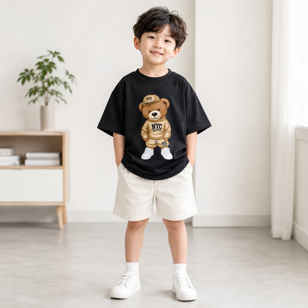 Camiseta Oversized Infantil Estampa de Urso NYC 100% Malha Suedine Cores e Tamanhos Do 2 ao 8