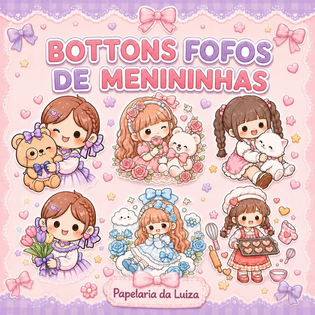 Kit bottons Telado, Aki e Small Mochi menininas fofas - kit com 4