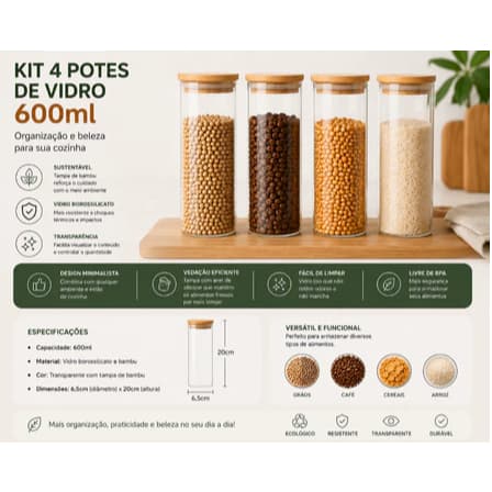 Pote Vidro 600ml Hermético Tampa Bambu Kit 4 unidades