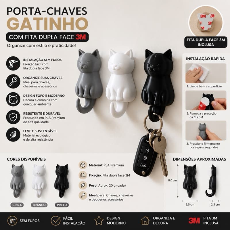Kit com 3 Ganchos de Parede em Formato de Gato – Porta-Chaves Fofo em PLA