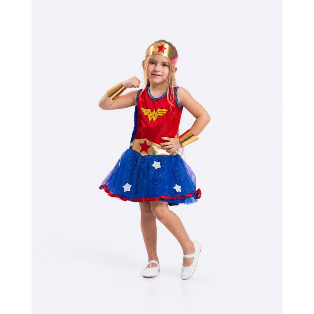 Fantasia Infantil Mulher Maravilha Menina Vestido Super Heroína Com Tiara Braceletes E Acessórios Festa Carnaval