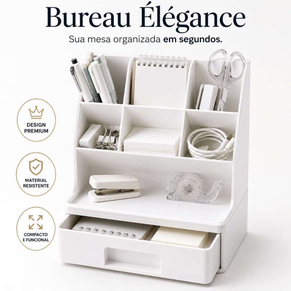 Organizador de Mesa Multiuso Branco com Gaveta Porta Objetos Porta Canetas Escritório Home Office Bureau Élégance
