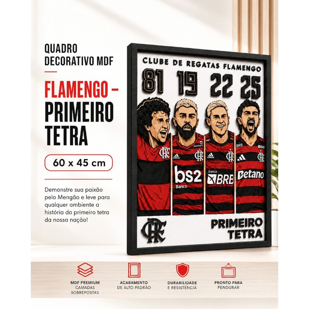 Quadro Decorativo em MDF 60x45 Rubro Negro Primeiro TETRA