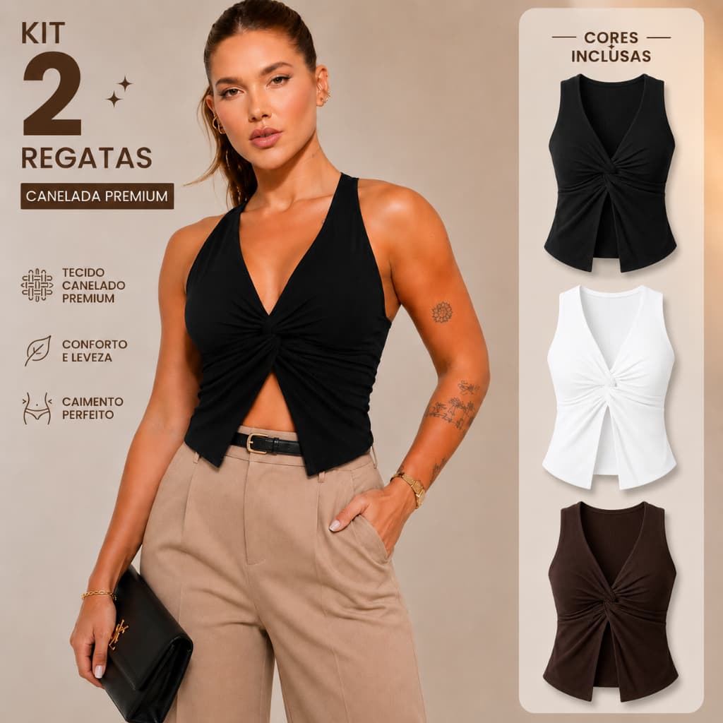 KIT 2 Regatas Blogueira Torção Frontal Regata Premuim Canelada Premium Decote Gola V Elegante Casual