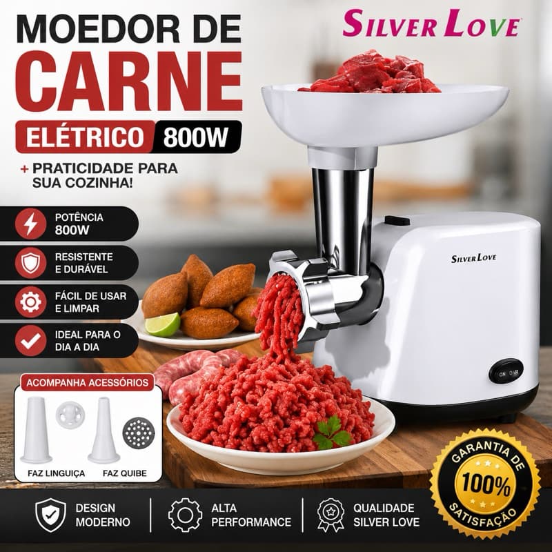 Moedor de Carne Elétrico  Silver Love Multifuncional Faz Linguiça e Quibe Bivolt