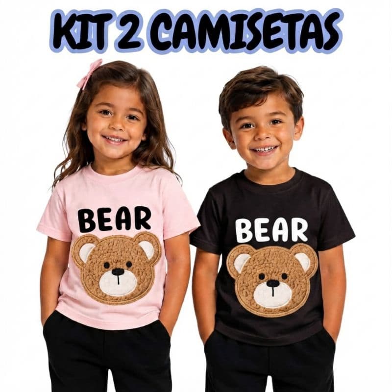 Kit 2 Camisetas Infantil Masculina e Feminina Ursinho Estiloso 100% Algodão Casual Dia a Dia