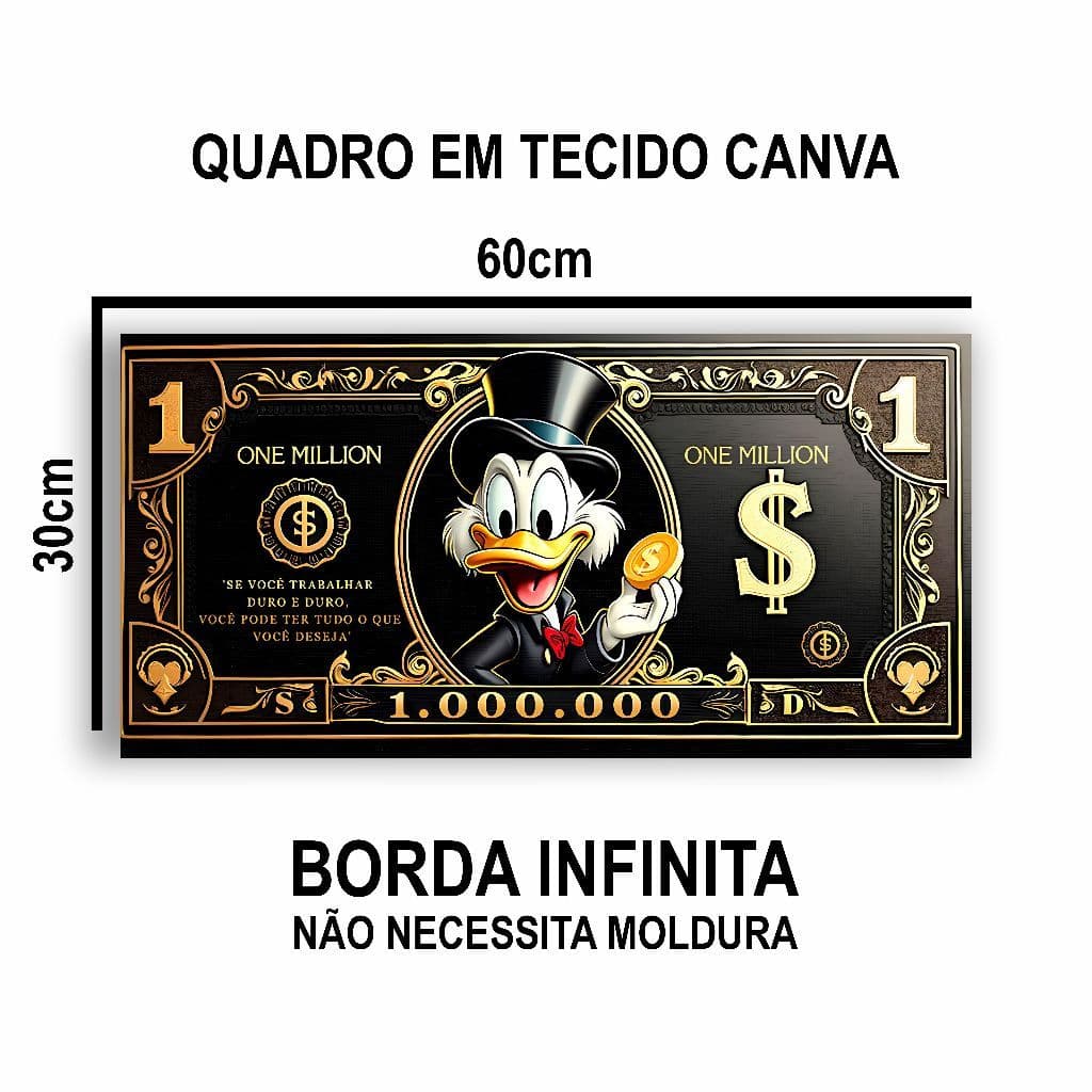 Quadro Decorativo Feito em Tecido Cédula Milhão Magnata Tio Patinhas Sala Quarto Escritório 60x30cm