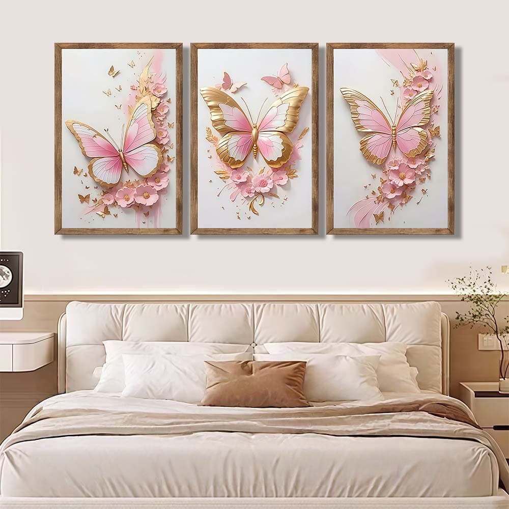 Kit 3 Quadros Decorativos Borboletas Rosas e Douradas Floral Delicado para Quarto e Sala