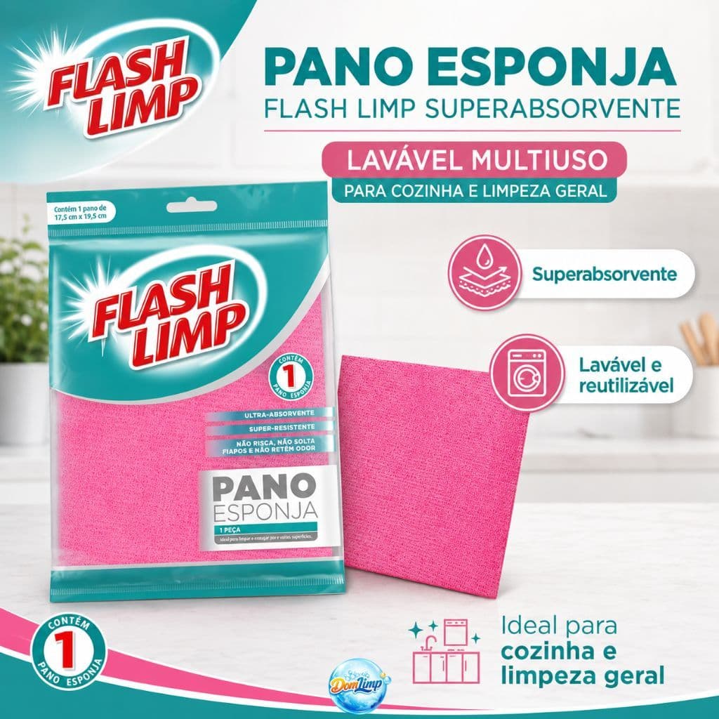 Pano Esponja Flash Limp Superabsorvente Lavável Multiuso para Cozinha e Limpeza Geral – 1 Unidade