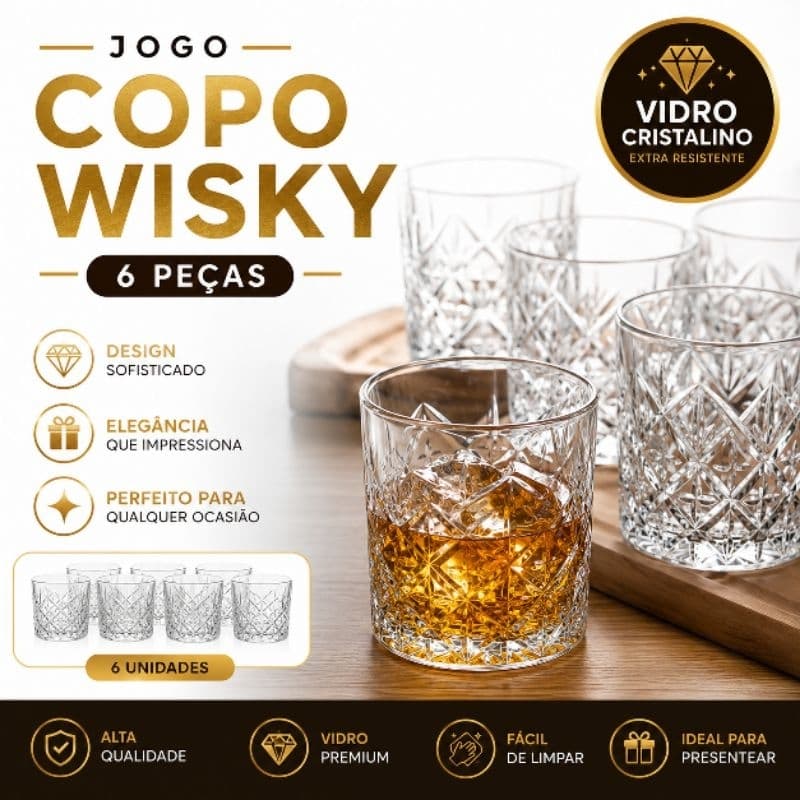 Jogo Copo Whisky 340ml 6 Peças Vidro Cristal Premium Elegante