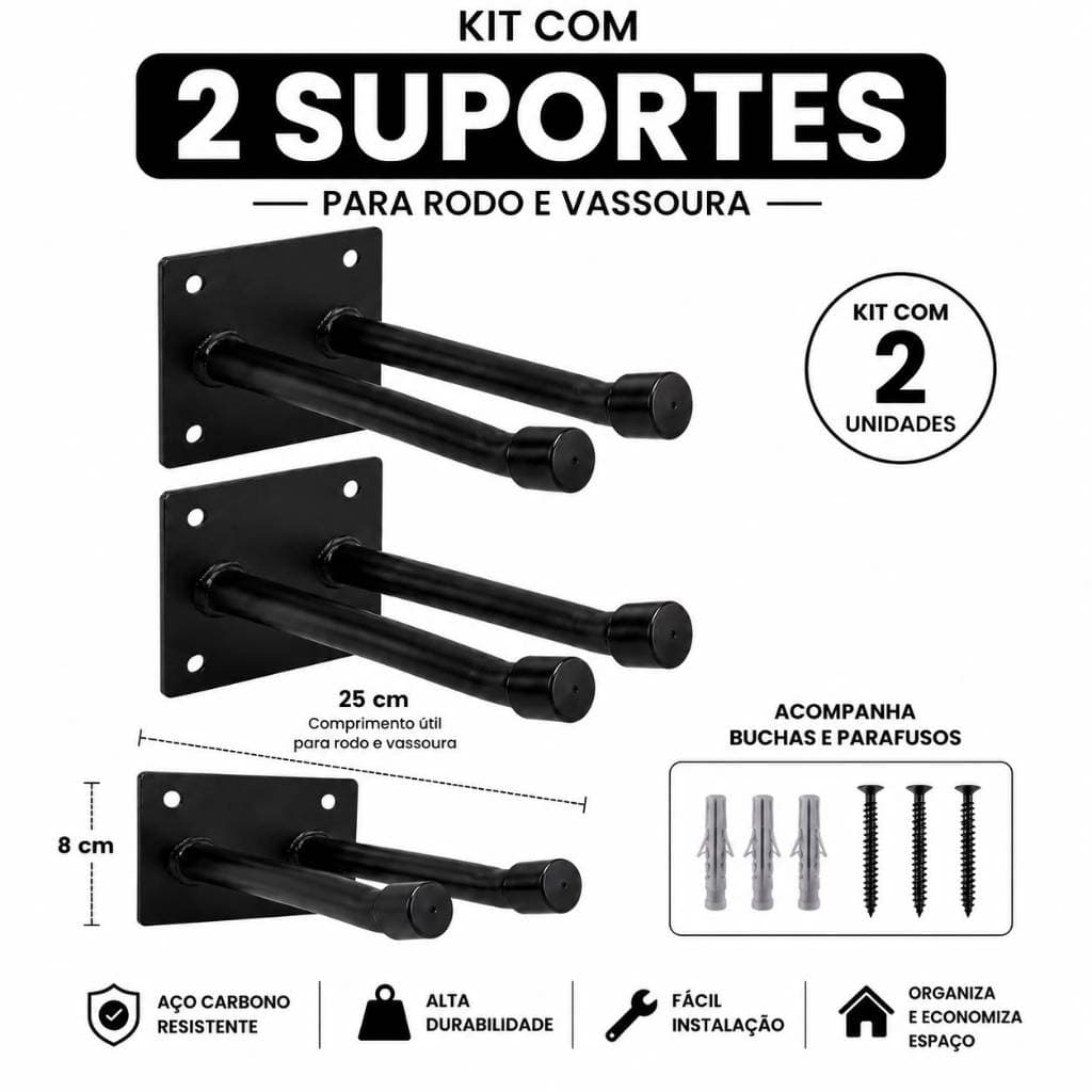 Kit com 2 Suportes Para Rodo e Vassoura em Aço Carbono, Organizador de Parede Reforçado, Acompanha Bucha e Parafusos