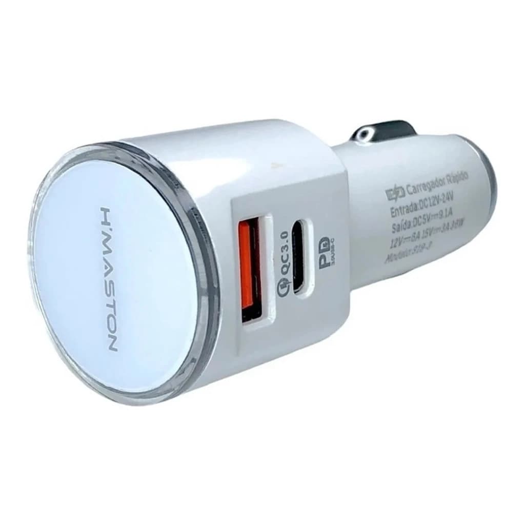 Carregador Veicular 2 USB C 3.0 Celular Carro Automotivo H'maston Turbo 48W Cabo V8 Micro USB Branco
