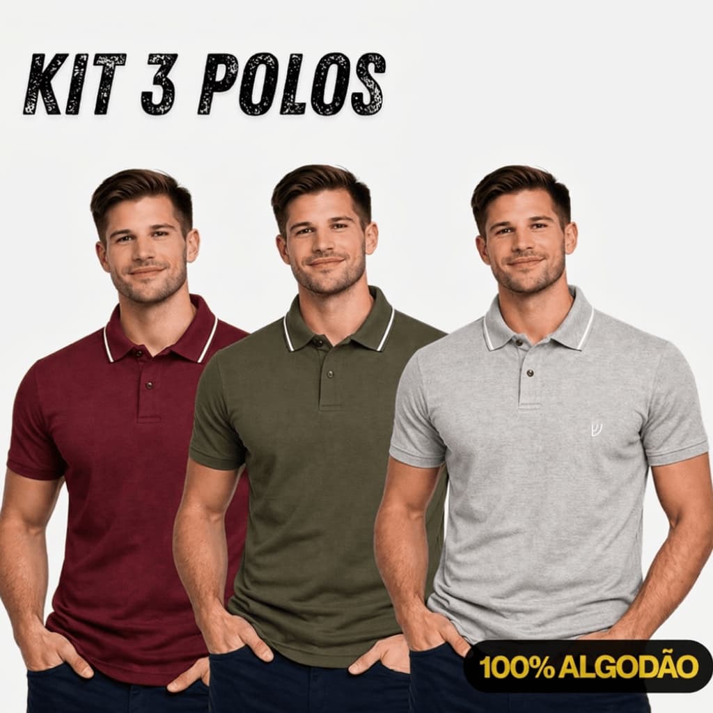 Kit 3 camisa Polo Masculinas 100% Algodão Macia e Confortável