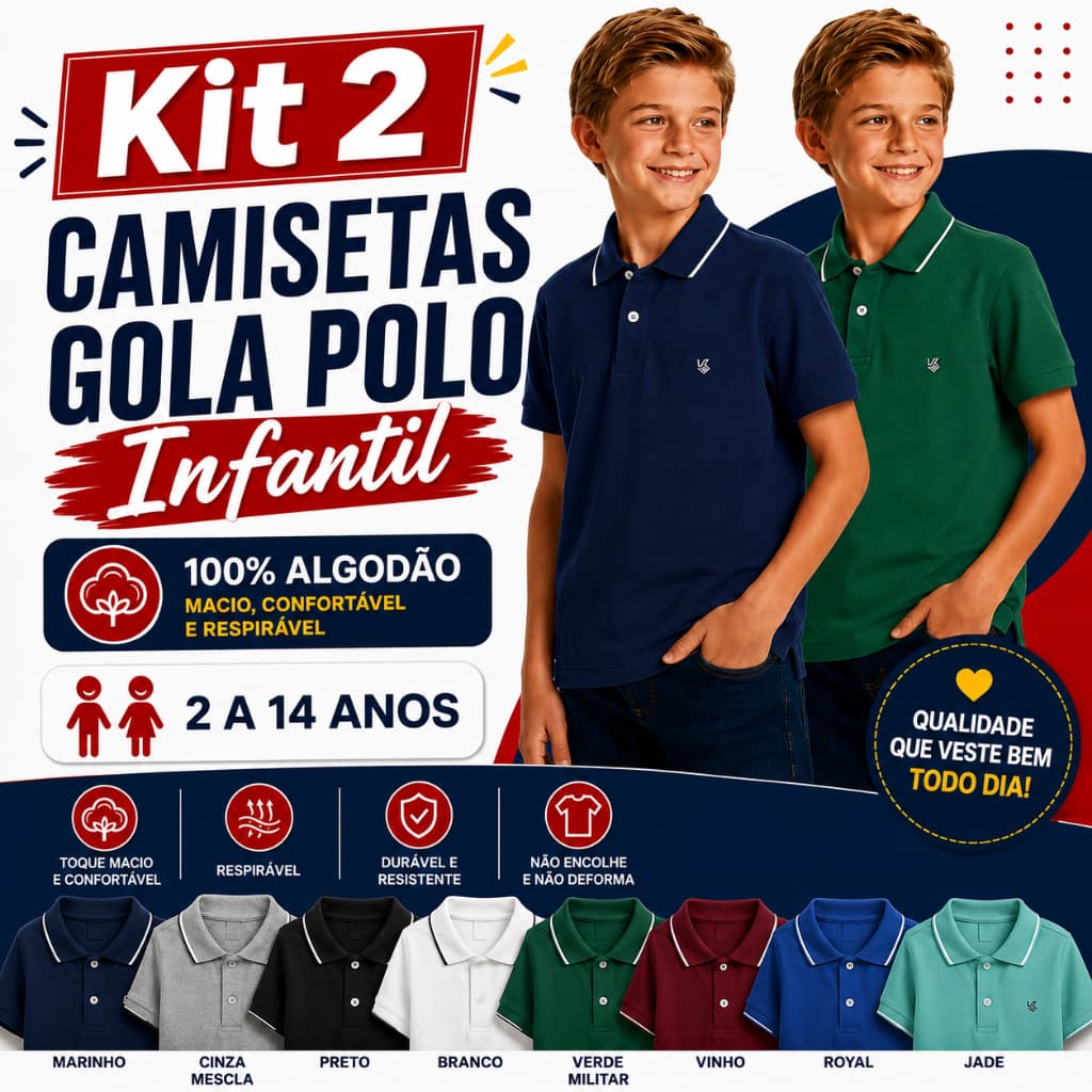 Kit 2 Camisa Polo 100% Algodão Infantil 2 a14 anos.