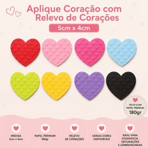 30 Apliques de Papel Coração com Relevo (Textura). Festa, Scrapbook e Decoração. Papelaria