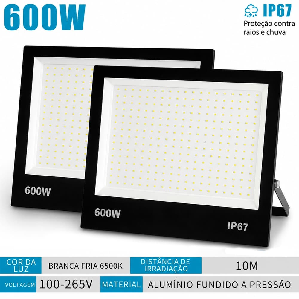 KIT 2 Refletor LED 600W Holofote Super Potente à Prova d'Água Área Externa Luz Branco Bivolt