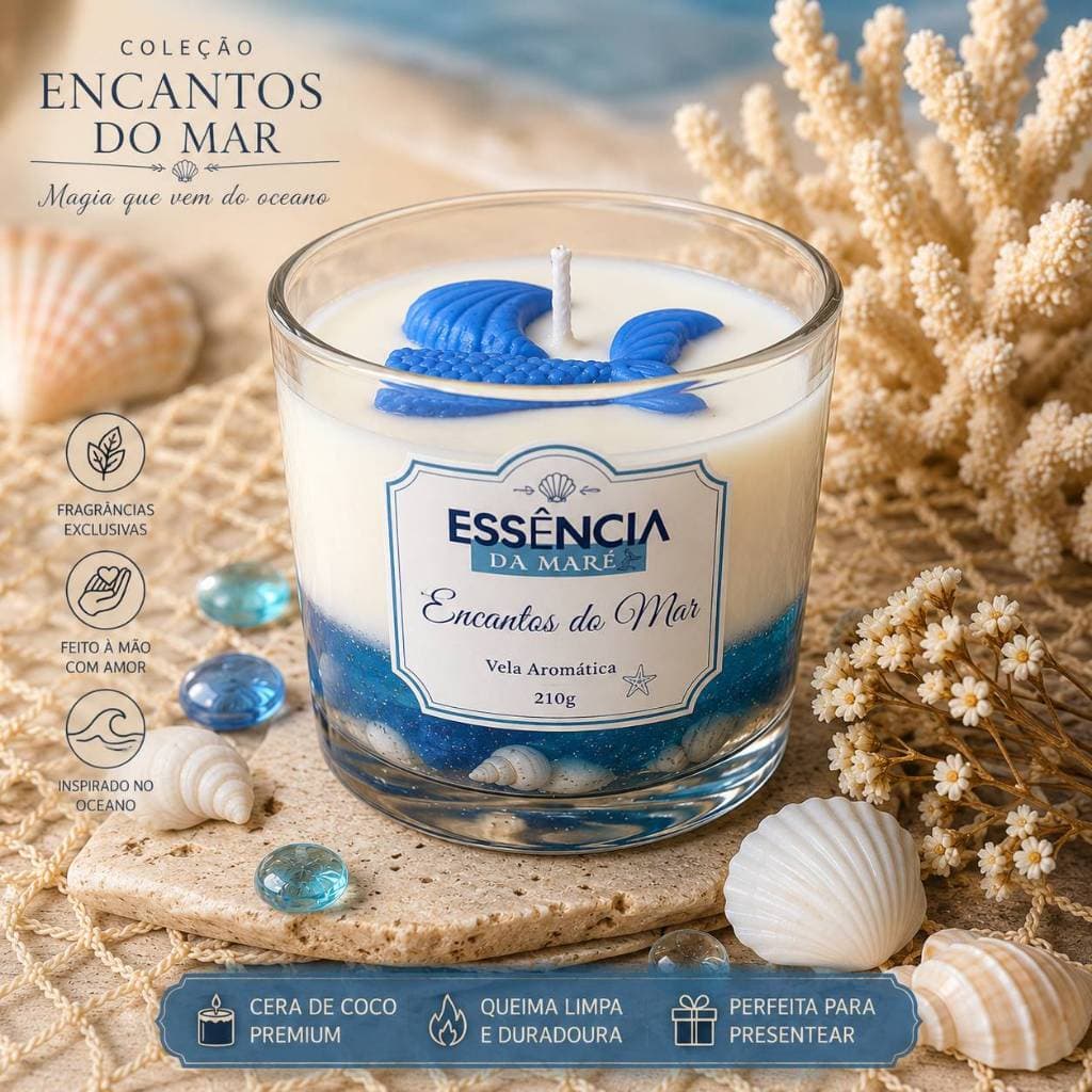 Vela Aromática Oceânica 210g Decorativa Cera de Coco e Gel com Conchinhas