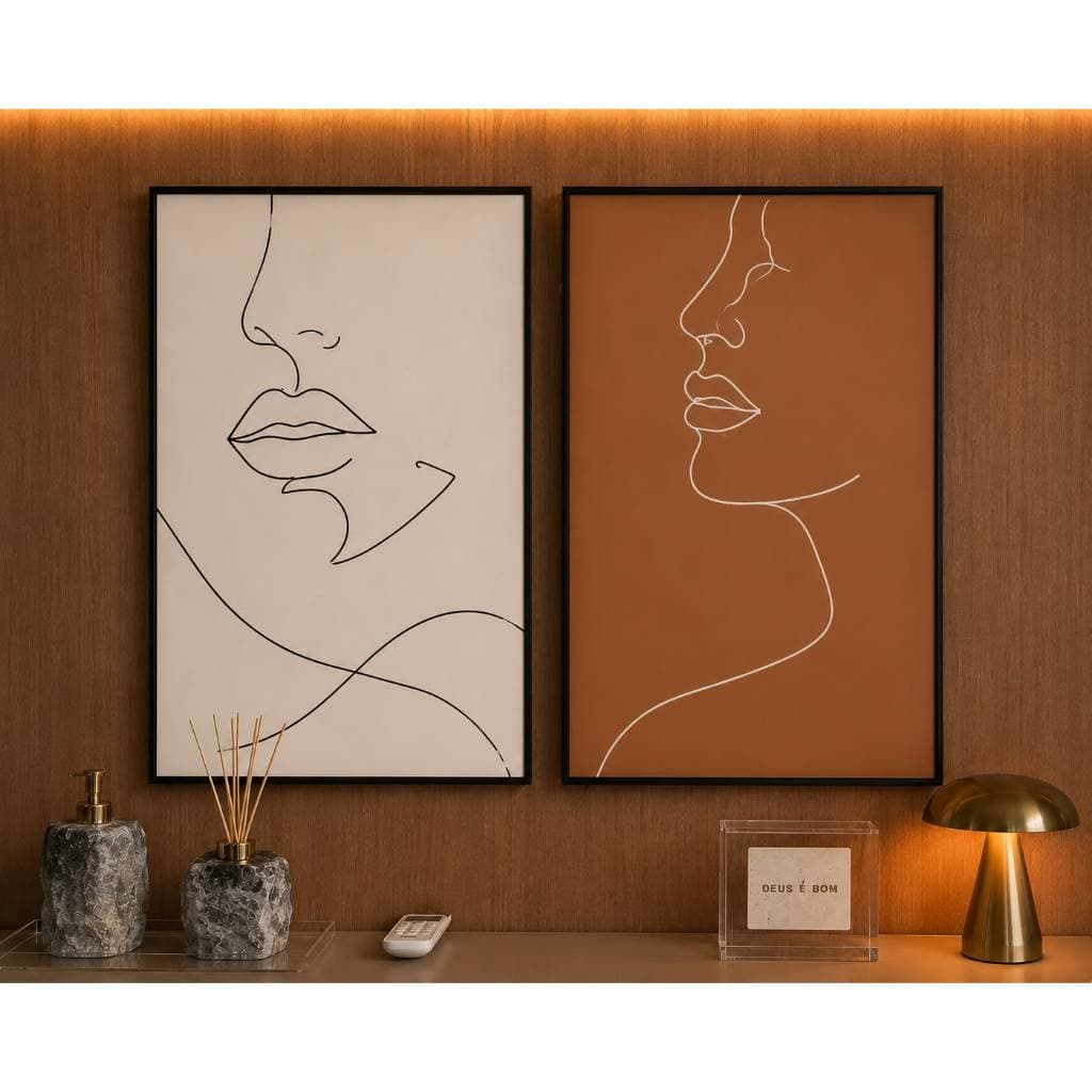 Kit 2 Quadros Decorativos Femininos Line Art Minimalista Bege e Terracota para Sala