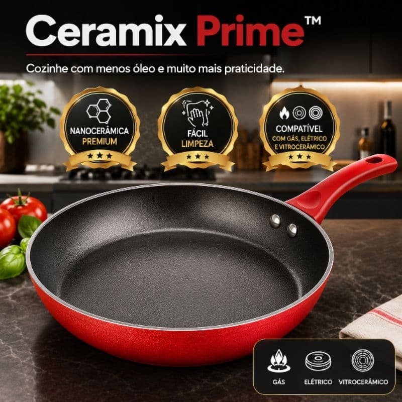 Frigideira Antiaderente Nanocerâmica 24cm Ceramix Prime Gourmet Vermelha Cabo Ergonômico
