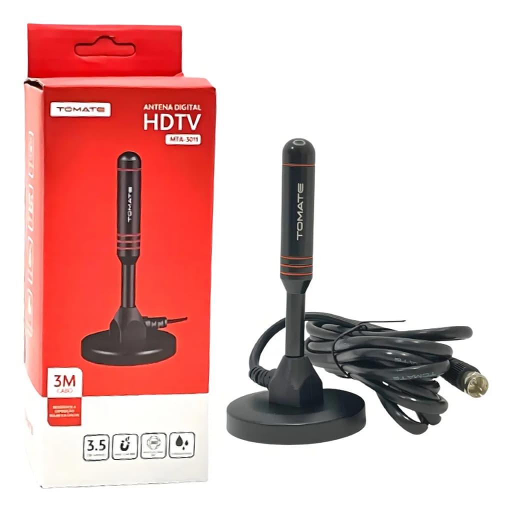 Antena Digital Interna para TV HDTV UHF VHF com Cabo de 3m e Base Magnética