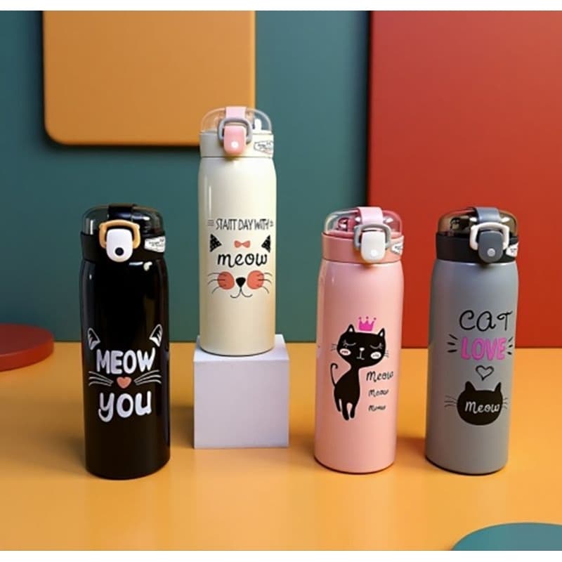 Garrafa Térmica Frio Quente Canudo de Silicone Infantil e Adulto Cat Love Inox 500ml
