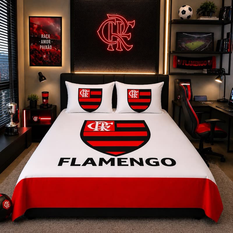 Jogo de Cama Casal Tema Futebol Vermelho e Preto 3 Peças com 2 Fronhas Microfibra Macia