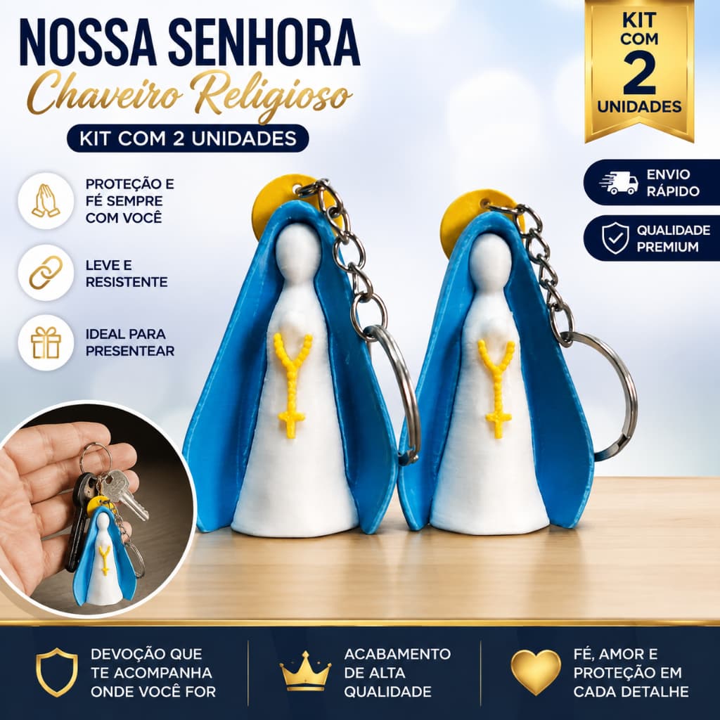 KIT 2 Chaveiros Nossa Senhora Aparecida 5cm Religioso Católico Presente de Fé Proteção Bolsa Mochila Chaves
