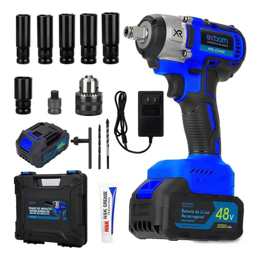 Chave de Impacto Intercambiável sem fio Recarregável Motor Brushless 3500 RPM 2x Bateria 20000mah