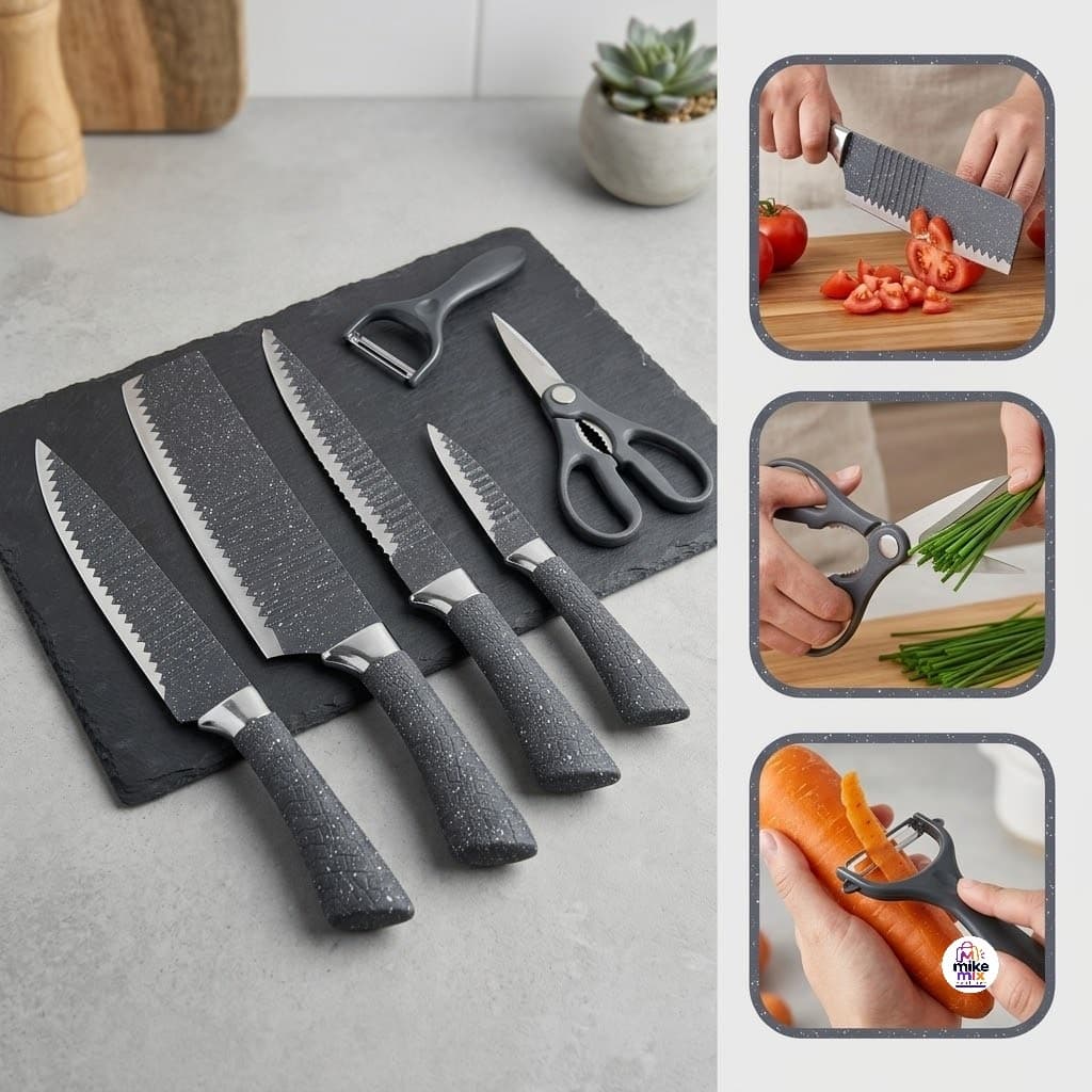 Jogo de Facas 6 Peças Inox Completo Cabo Ergonômico Kit Facas de Cozinha Chef para Carne Legumes e Pão