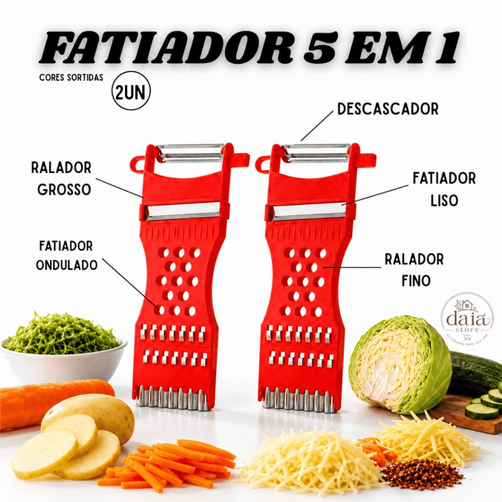 Kit 2 Fatiadores Ralador 5 Em 1 Descascador Cortador manual Queijo Legumes e Frutas