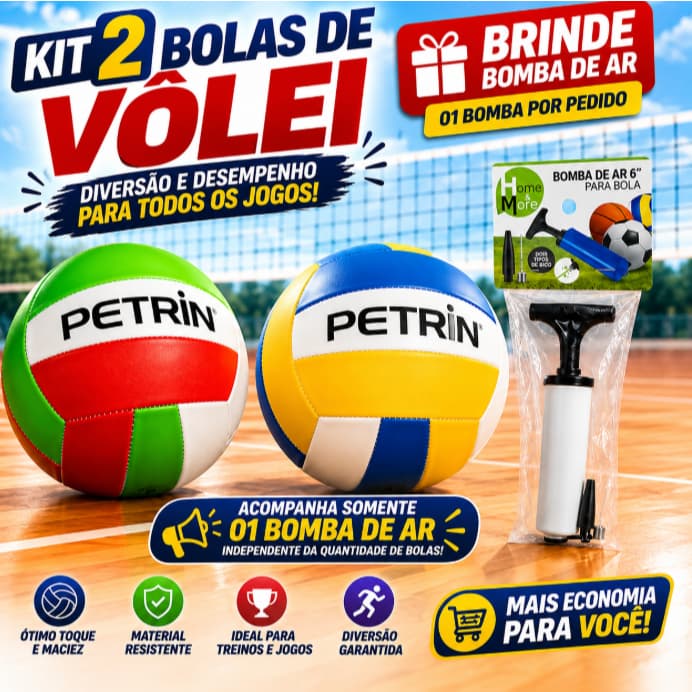 Kit Bola de Vôlei Petrin Costurada Praia Quadra Treino Lazer Resistente + Bomba de Ar