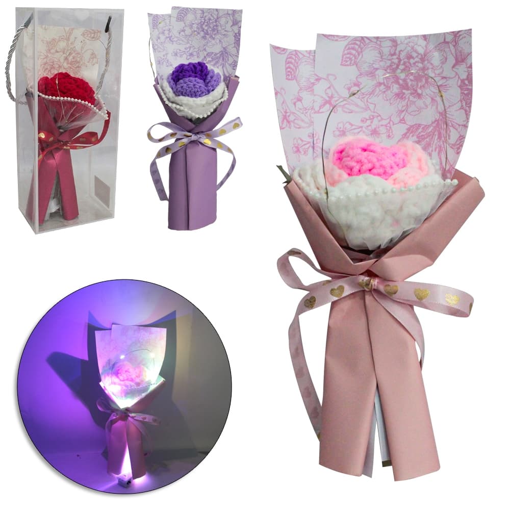 FLOR PERMANENTE BUQUE DE CROCHE COM MICRO LED A BATERIA NA CAIXA PVC 25X10X7CM