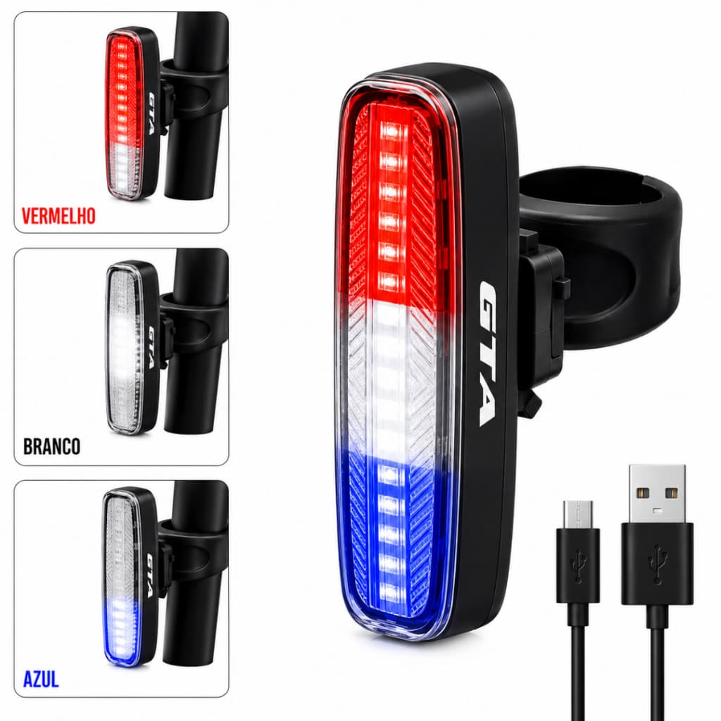 Sinalizador Traseiro Bike LED 100 Lumens Recarregável USB GTA Branco Azul Vermelho