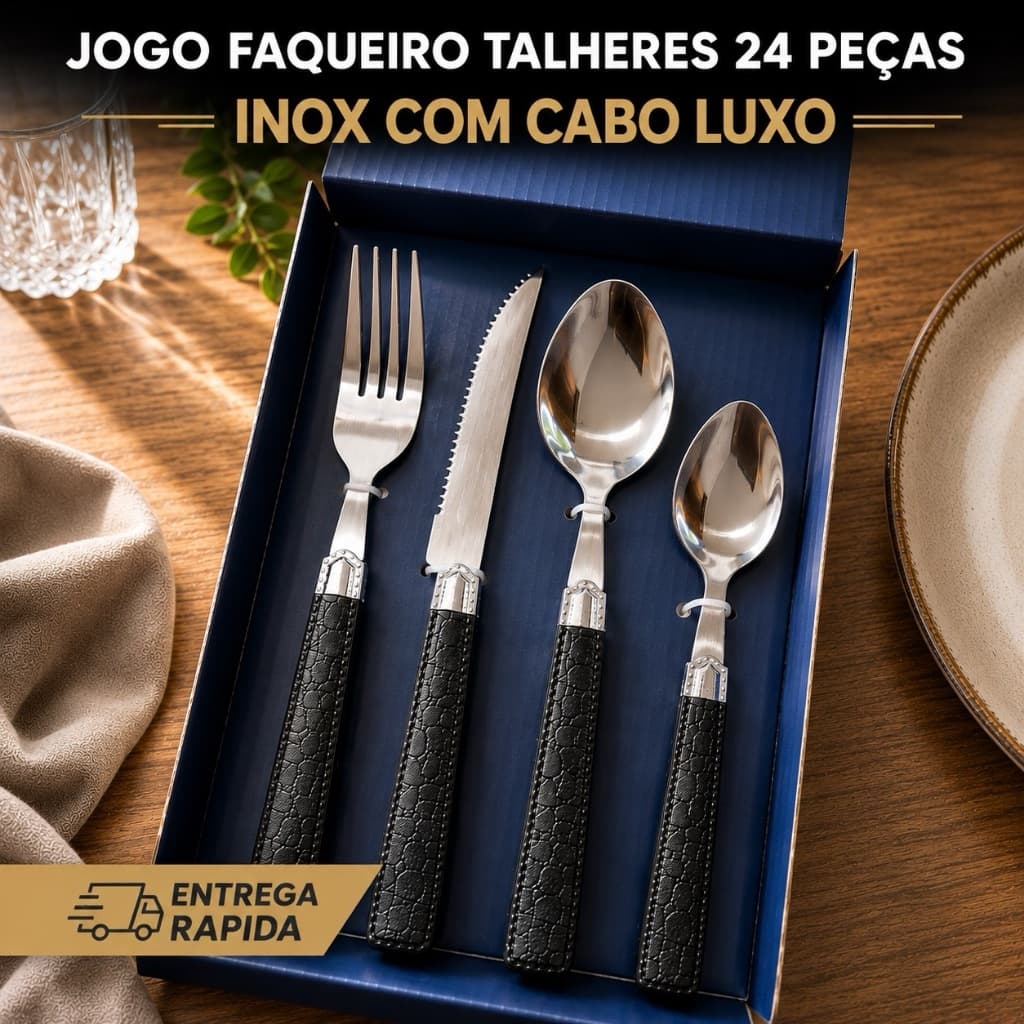 Jogo 24 Talheres Faqueiro Inox Cabo Luxo Faca Garfo Colher de Mesa Sobremesa