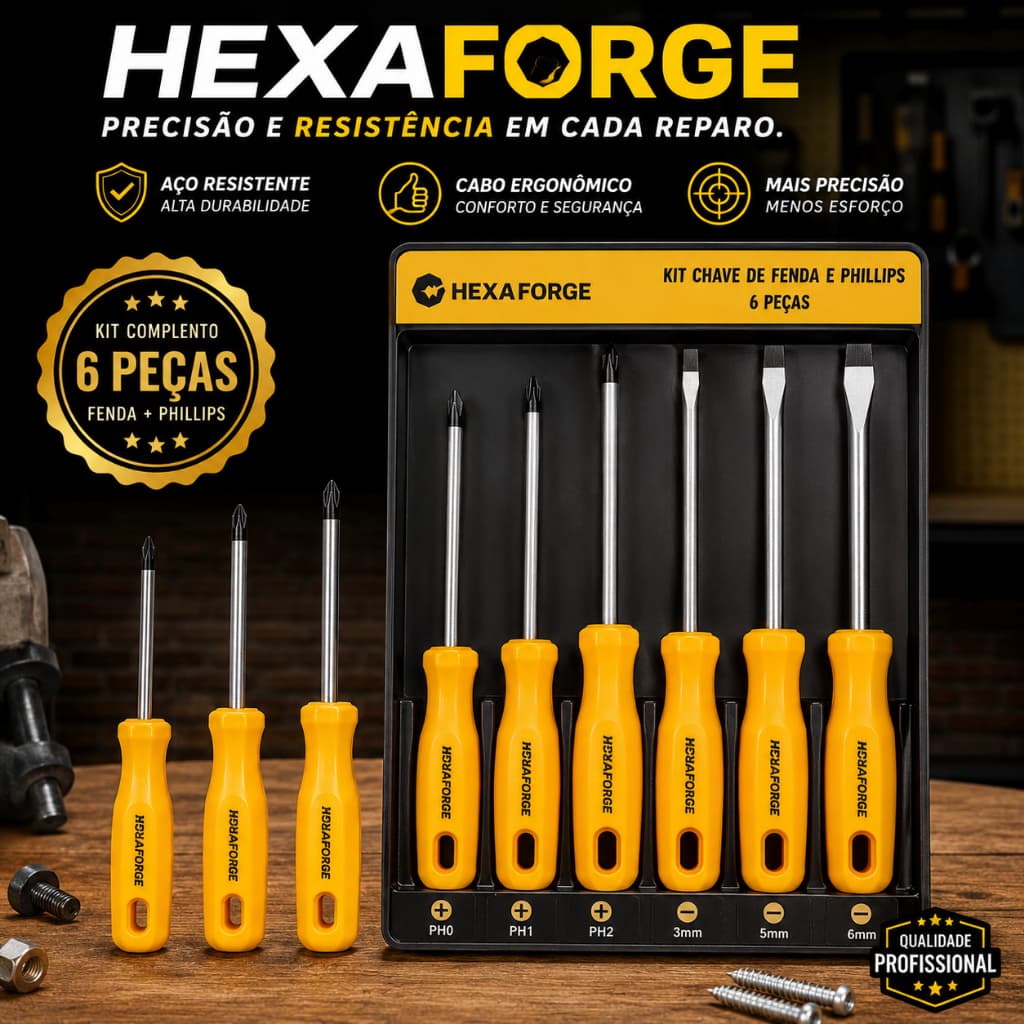 Kit Chave de Fenda Phillips 6 Peças Ferramentas Profissionais Multifunção Alta Durabilidade HexaForge