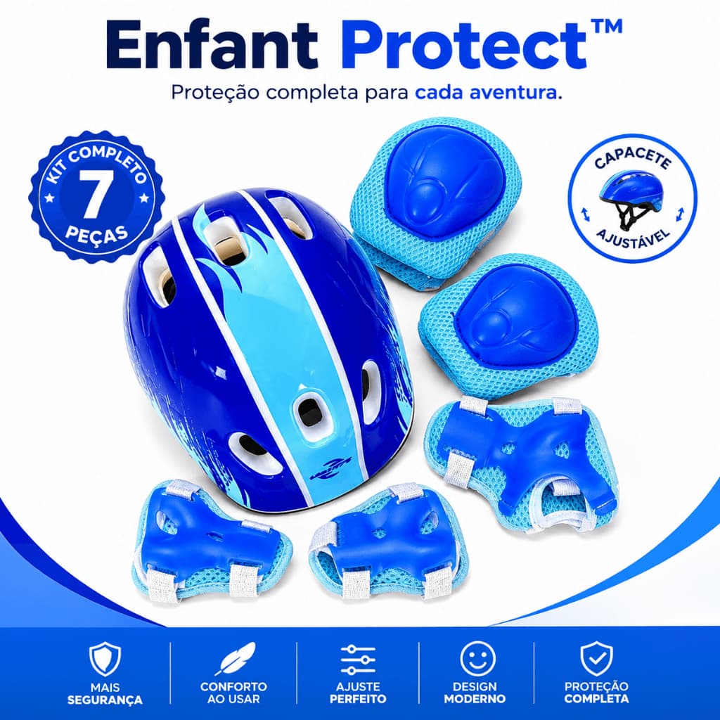 Kit Proteção Infantil Completo 7 Peças com Capacete Ajustável Joelheira Cotoveleira Bike Skate Patins Azul