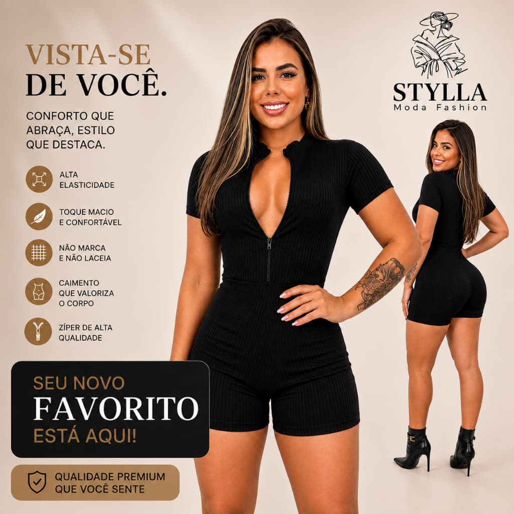 Macaquinho Feminino Virginia Canelado Premium Macacão Curto Com Ziper Moda Gringa Fitnes Casual