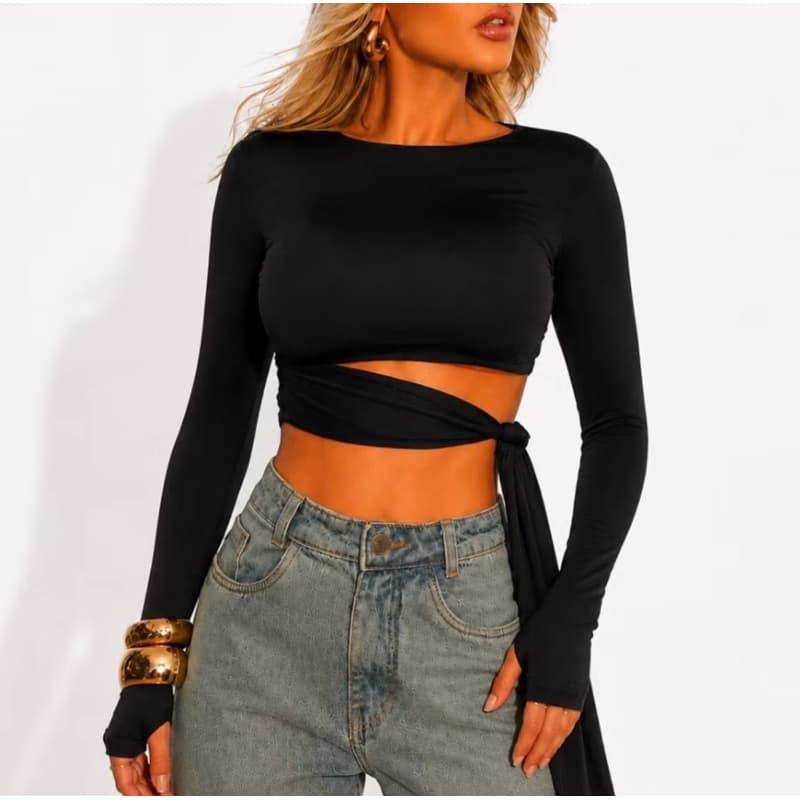 Blusa Cropped Amarração Feminino Lateral Suplex Recorte Manga Longa