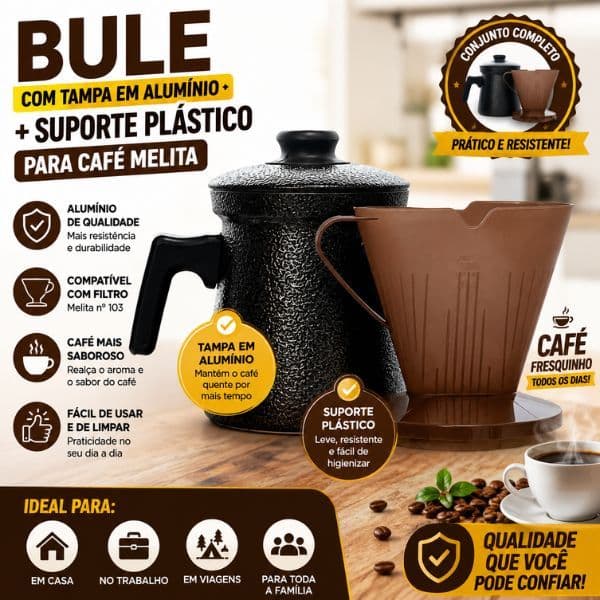 Caneco Bule com Tampa em Aluminio + Suporte Plástico Para Café Melita 104