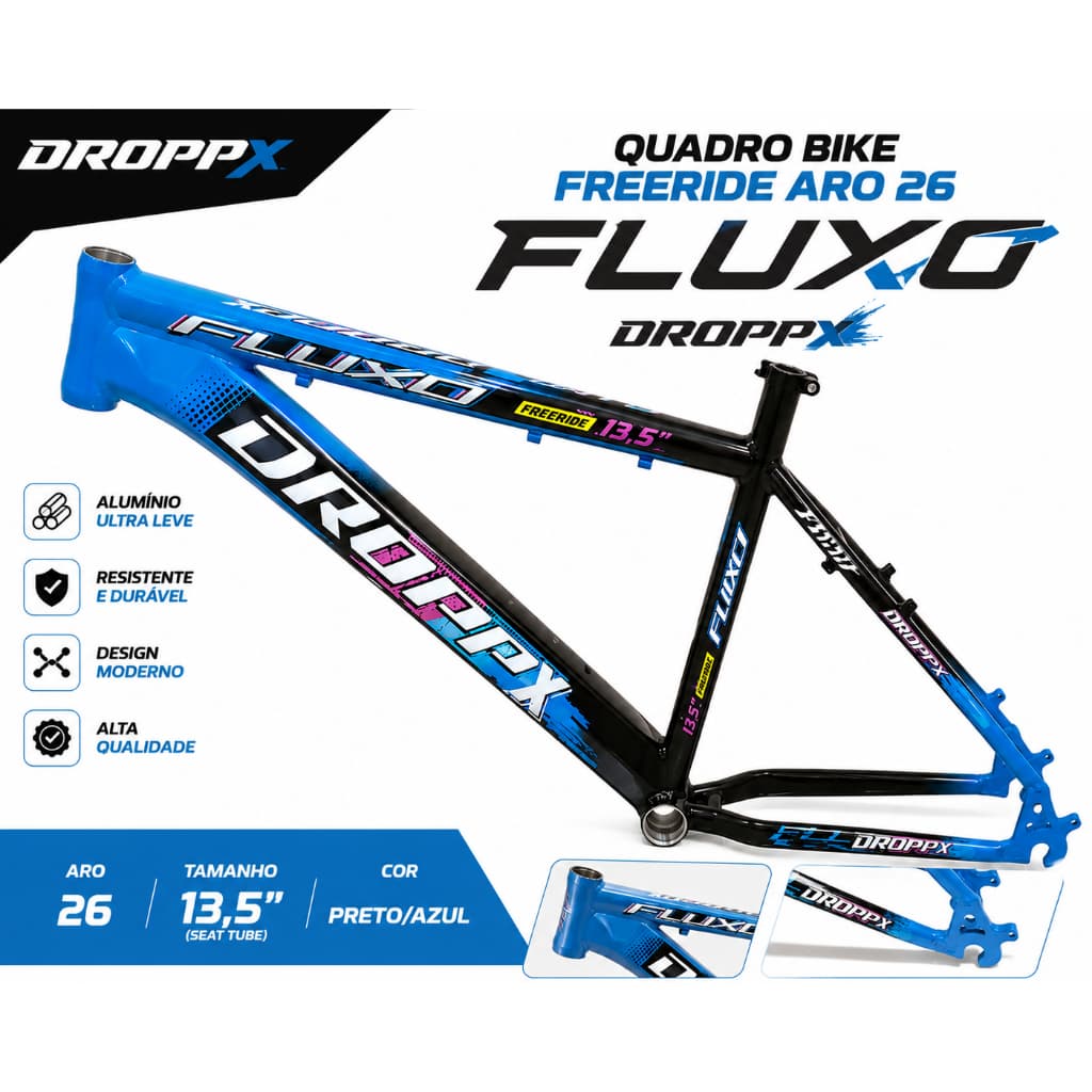 Quadro Bike Freeride Aro 26 Fluxo Alumínio DroppX - PRETO/AZUL