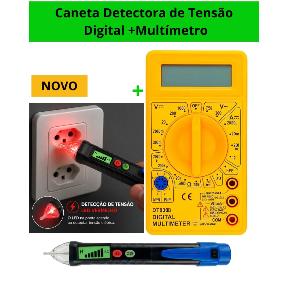 Multímetro DT-830B + Caneta Tensão Digital Correte Elétrica Bip Exbom S/ Contato 12V a 1000V